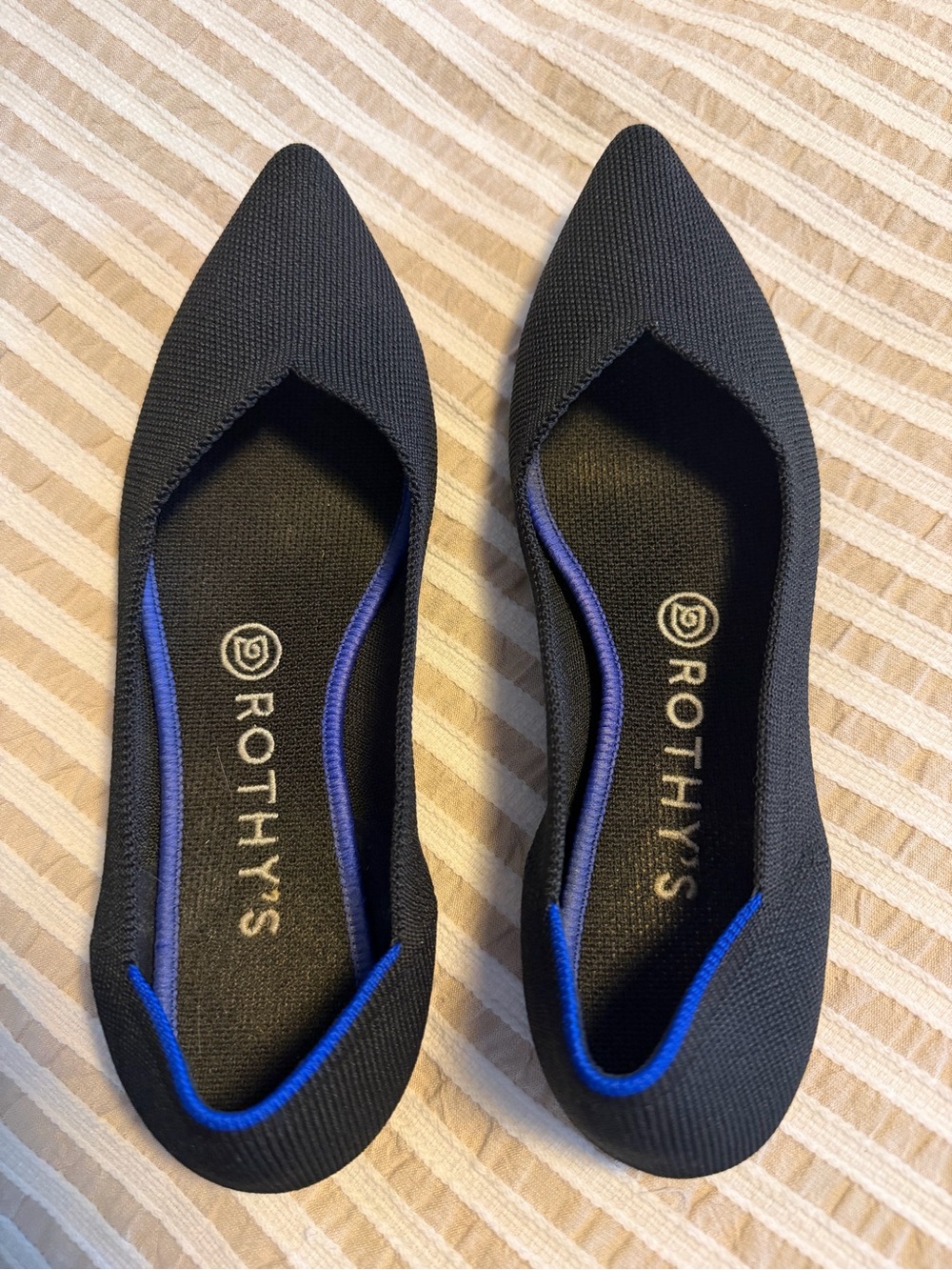 Rothy's Black Pointed-Toe Flats with Blue Trim